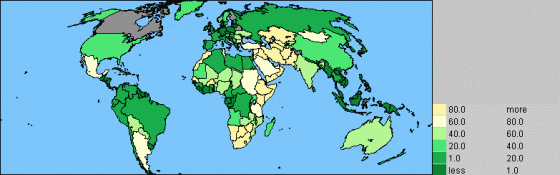 Kuva 1.Kuivien maa-alueiden osuus valtioiden pinta-alasta