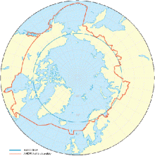 Kuva 1. Punainen viiva rajaa arktisen alueen