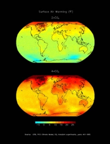 Kuva 1. Ilmaston lämpeneminen, jos hiilidioksidipitoisuudet kaksin- tai nelinkertaistuvat.