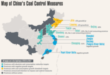 Kartta Kiinan hiilenkulutuksen vähennystavoitteista.